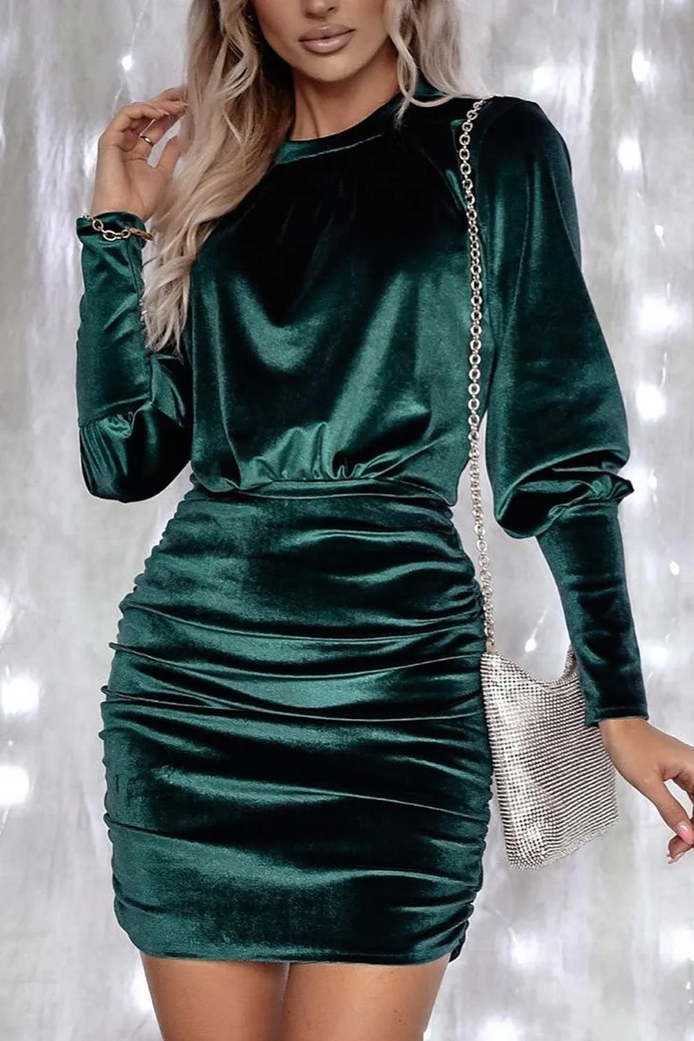 Black Velvet Puff Sleeve Ruched Bodycon Dress