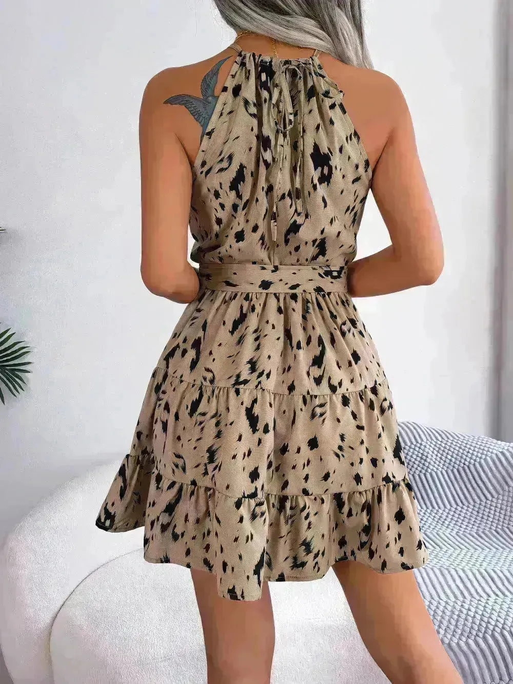 Casual Leopard Print Ruffled Swing Dress Summer Fashion Beach Dresses Women Skater Dress for Chic Ladies.