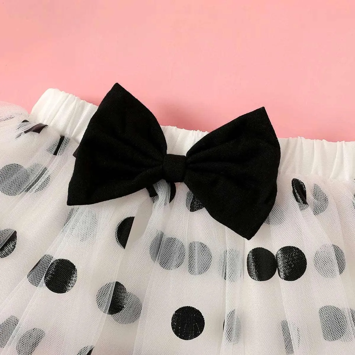 Cotton Ruffle Short-sleeve Romper & Polka Dots Mesh Skirt Set with Headband - Baby Girl (3Pcs)