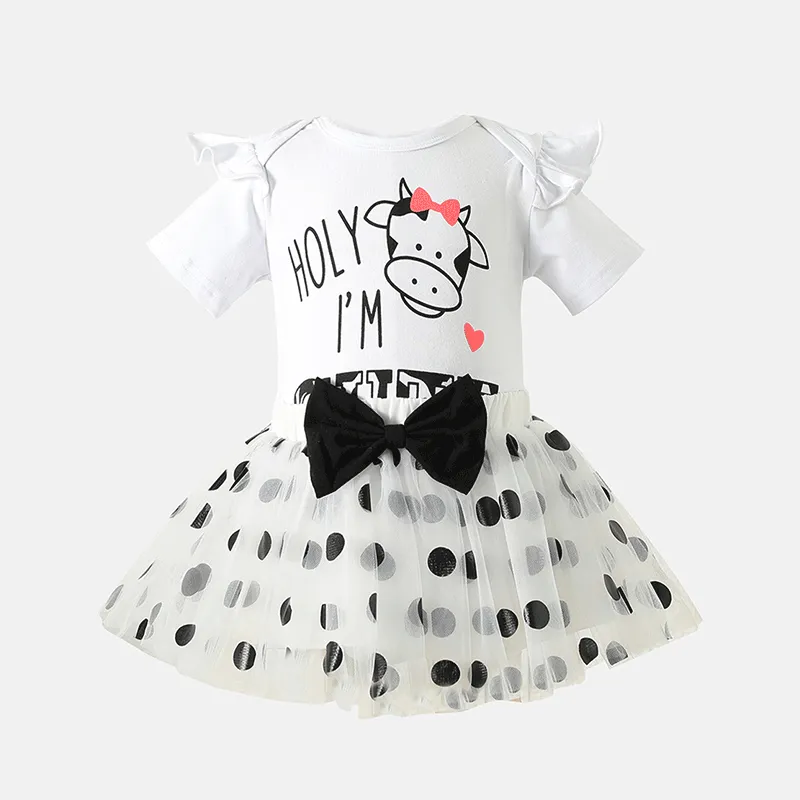 Cotton Ruffle Short-sleeve Romper & Polka Dots Mesh Skirt Set with Headband - Baby Girl (3Pcs)