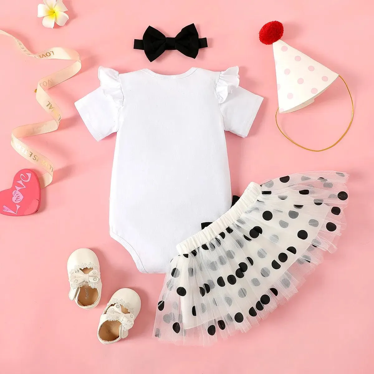 Cotton Ruffle Short-sleeve Romper & Polka Dots Mesh Skirt Set with Headband - Baby Girl (3Pcs)