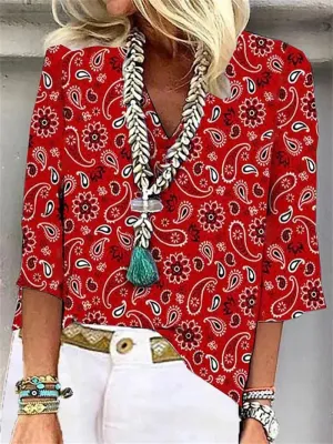 Fashion Printed Loose V-Neck Shirt