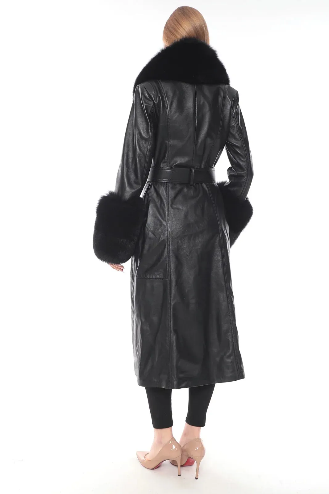 Kolleen Boutique Black Lamb Leather Coat with Detachable Fox Fur Accents