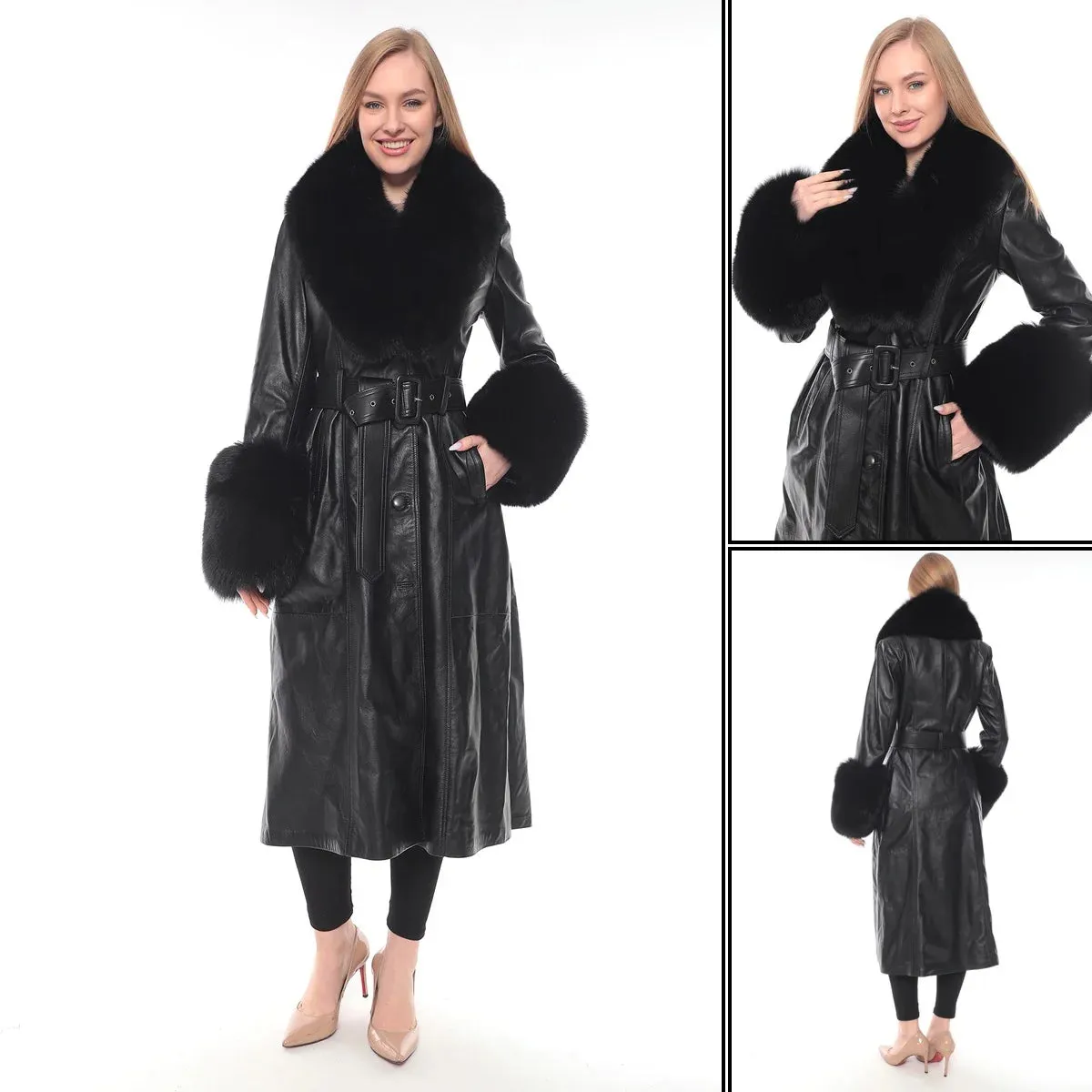 Kolleen Boutique Black Lamb Leather Coat with Detachable Fox Fur Accents