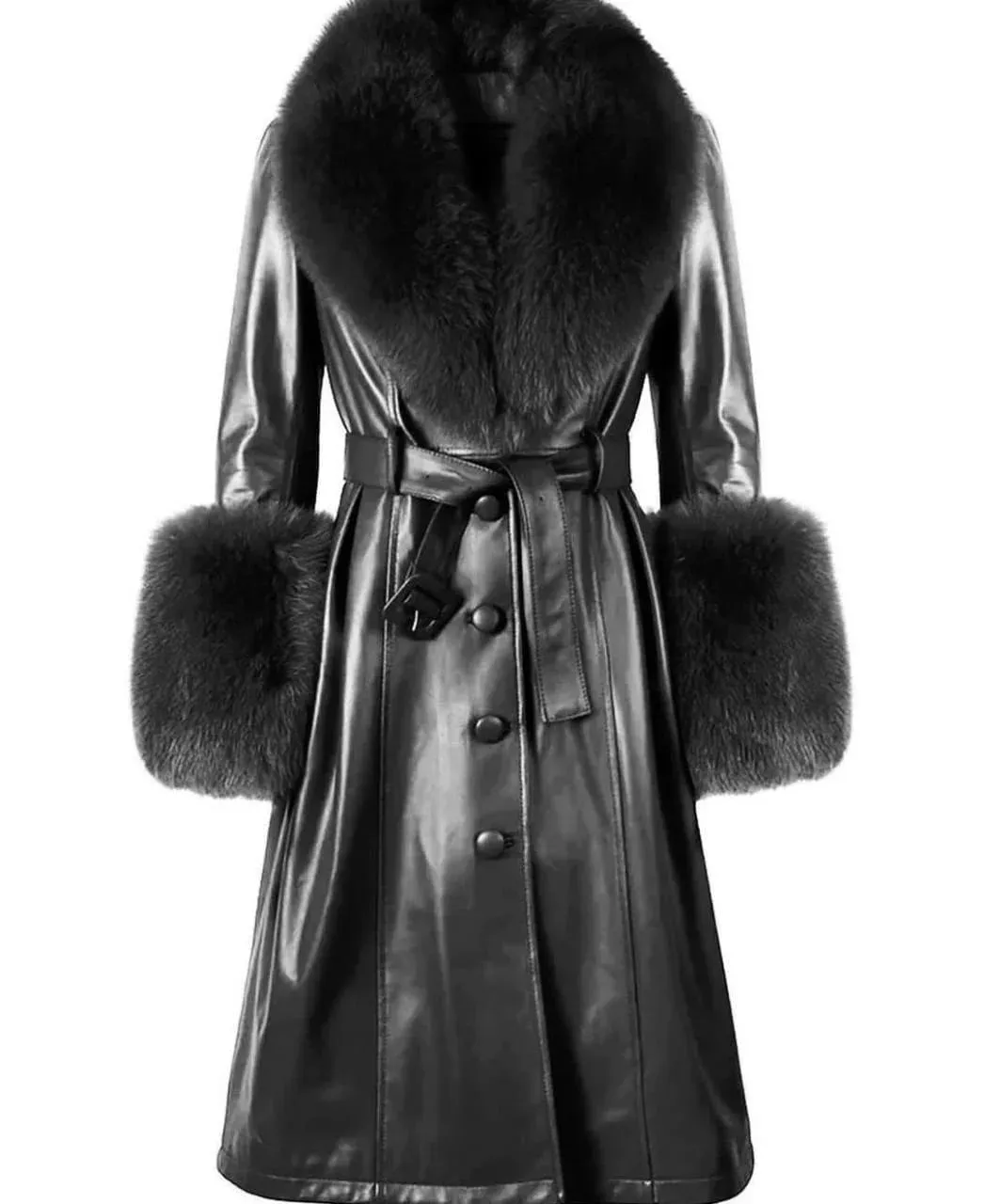 Kolleen Boutique Black Lamb Leather Coat with Detachable Fox Fur Accents
