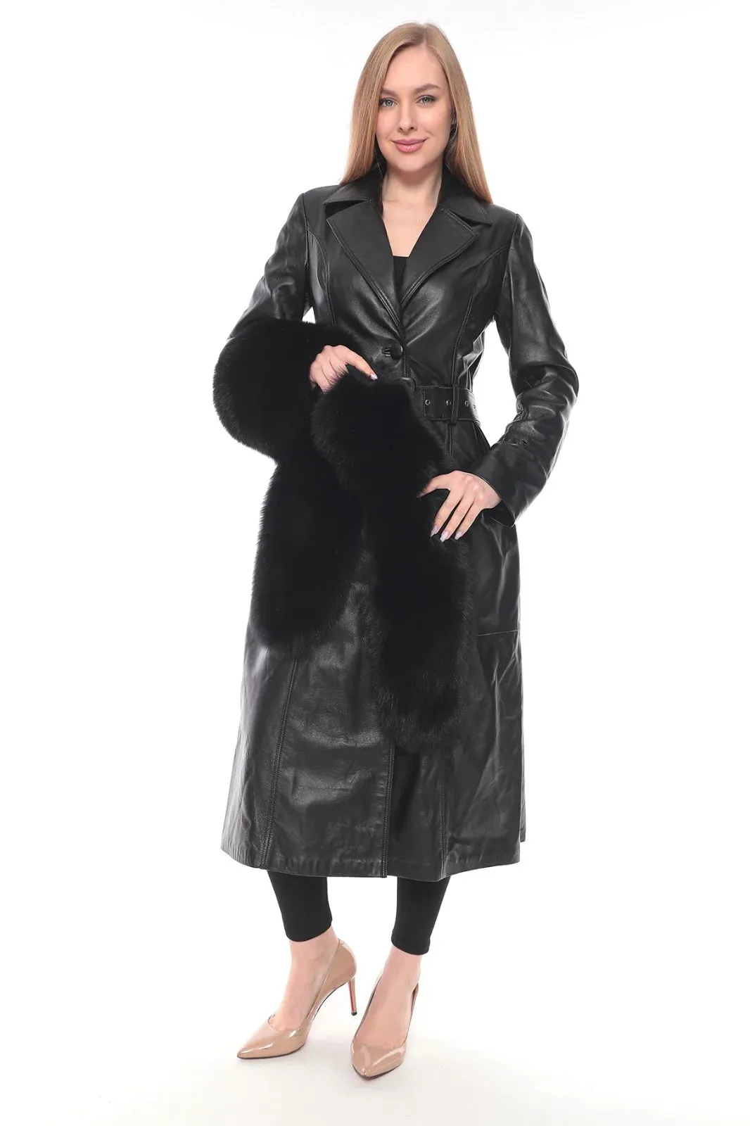 Kolleen Boutique Black Lamb Leather Coat with Detachable Fox Fur Accents