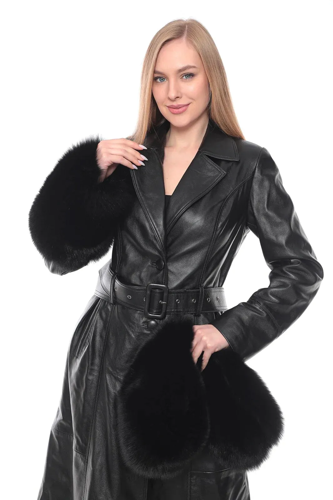 Kolleen Boutique Black Lamb Leather Coat with Detachable Fox Fur Accents