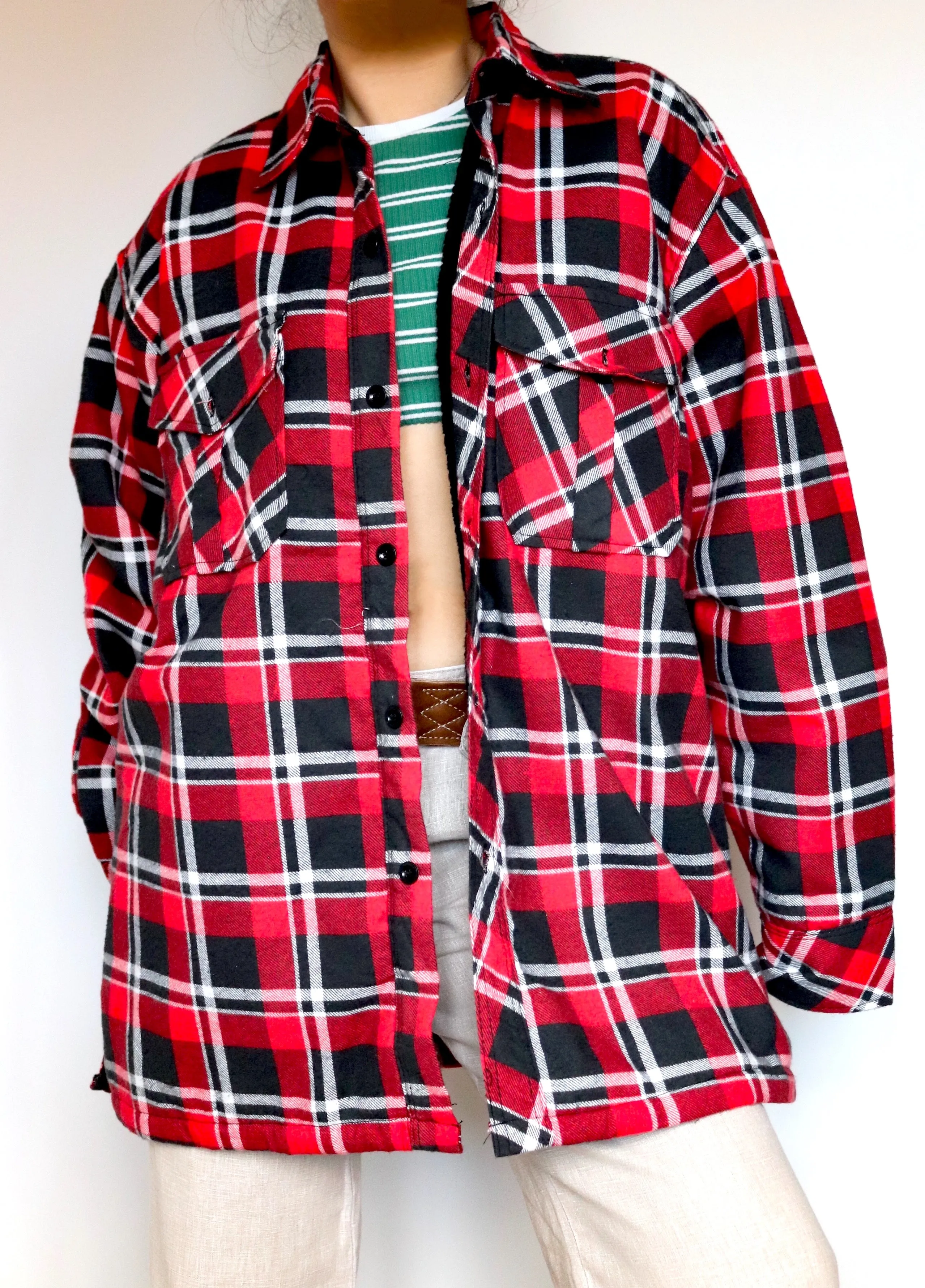 VINTAGE UNISEX MEN RED NAVY BLACK WHITE CHECK OVERSIZED FLEECE LINING COAT SHIRT BLAZER JACKET